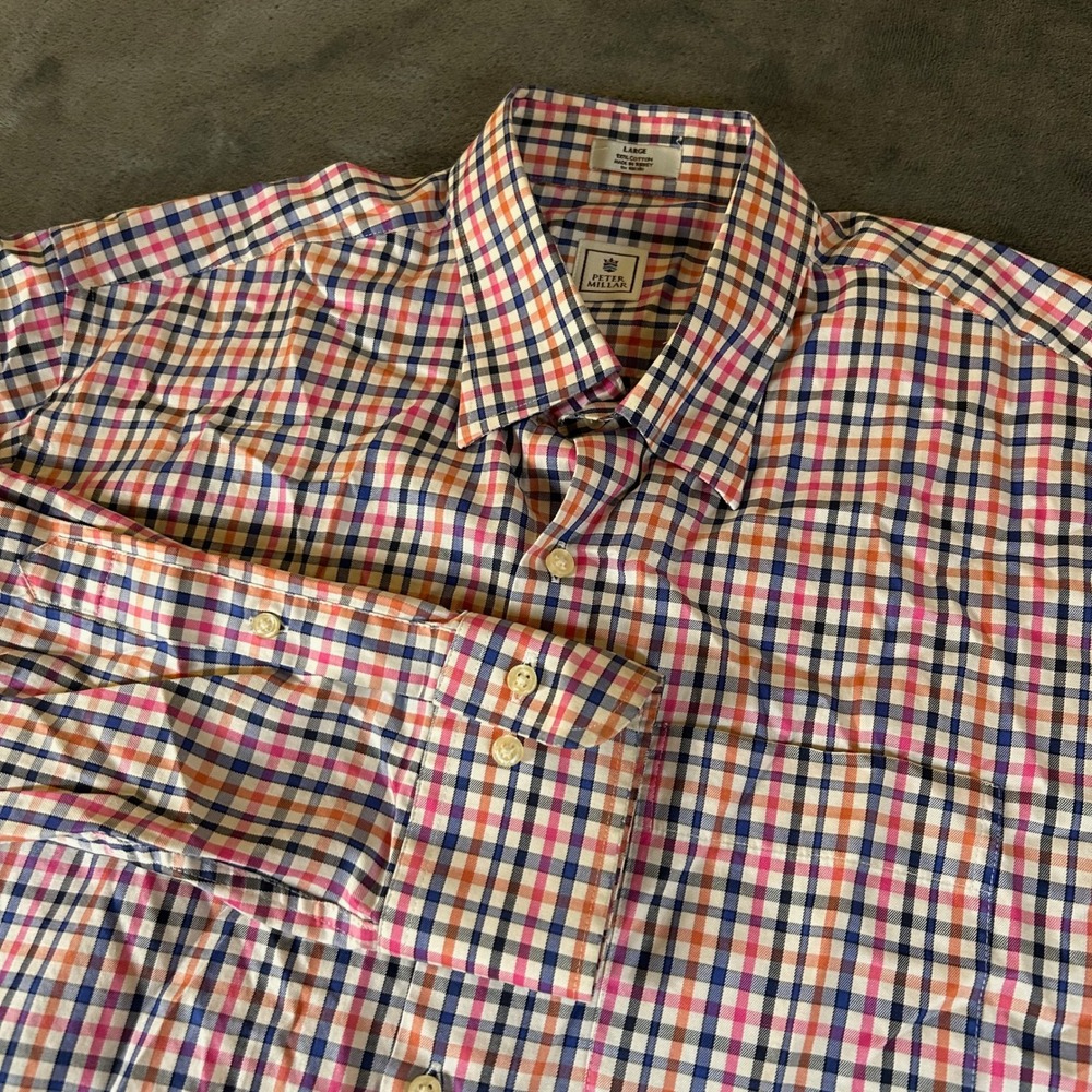 Peter Millar Button Up Shirt Plaid Checkered Long Sleeve Pink Blue Mens Large